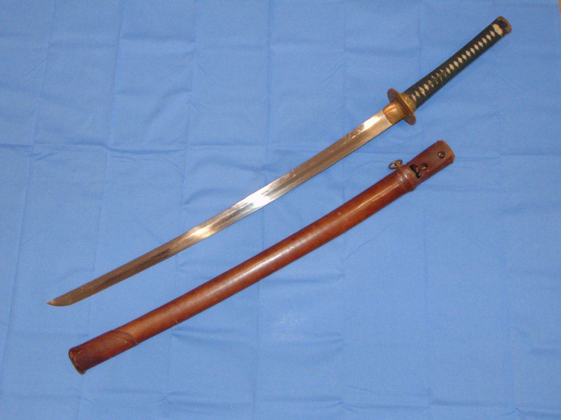 WWII Japanese Samurai Sword, Civilian Mounts, Leather Combat Cover w/ 8 Character Signature (1 of 19)