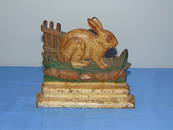 Original Antique Cast Iron Doorstop, RABBIT AT FENCE