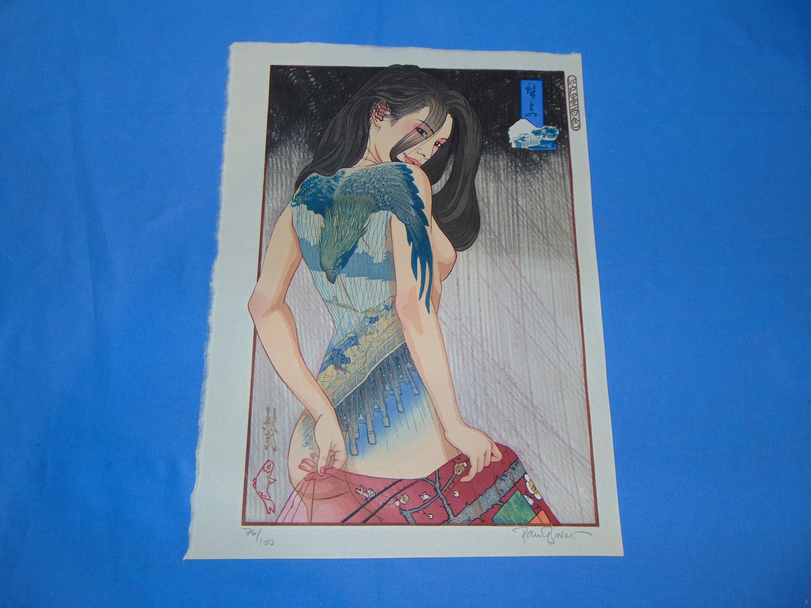 Japanese Woodblock Print, Paul Binnie Dai-Oban, Girl w/ Hiroshige Tattoo (1 of 9)