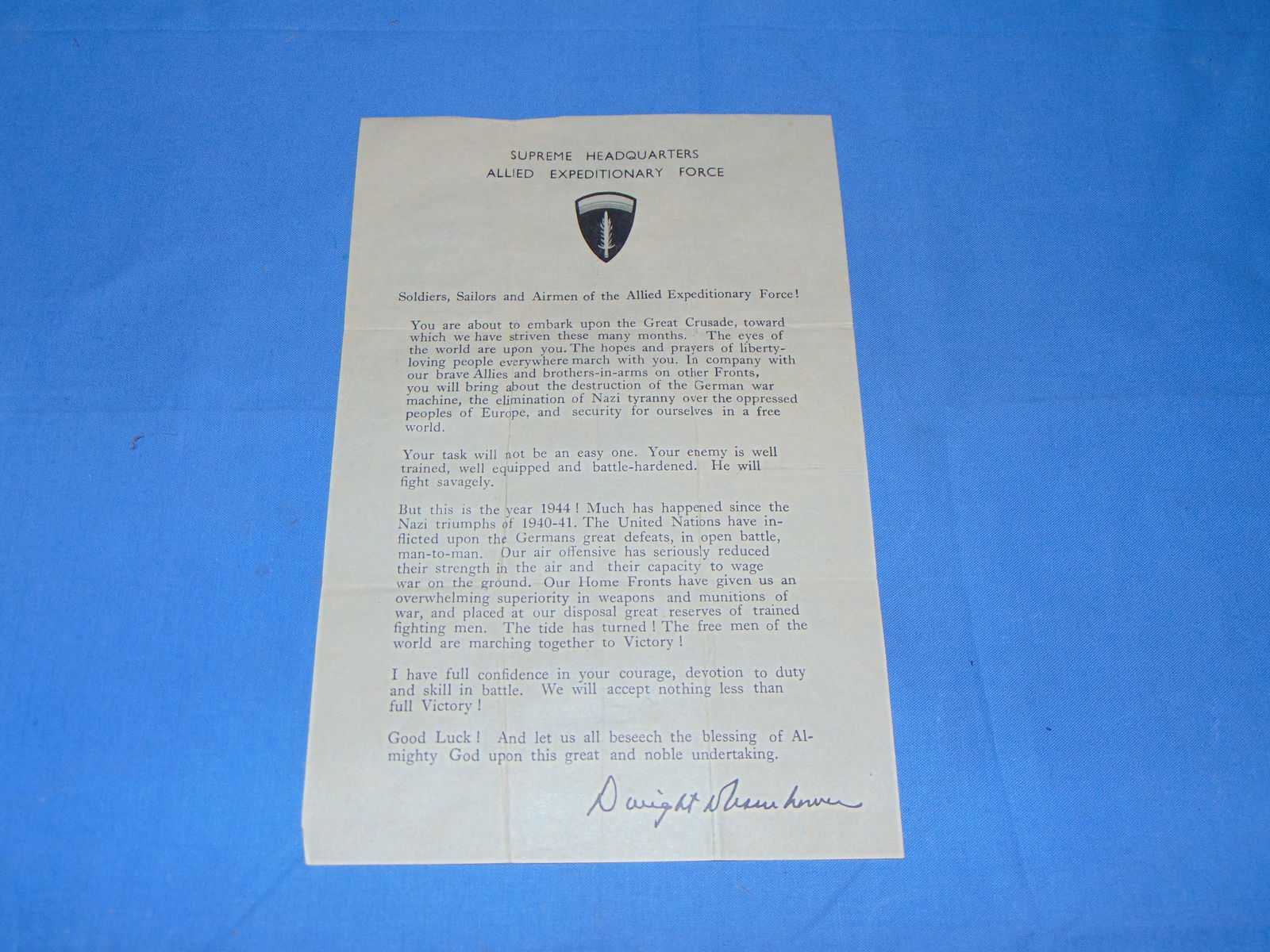 WWII D-DAY Invasion SHAEF Eisenhower Ike Letter (1 of 4)