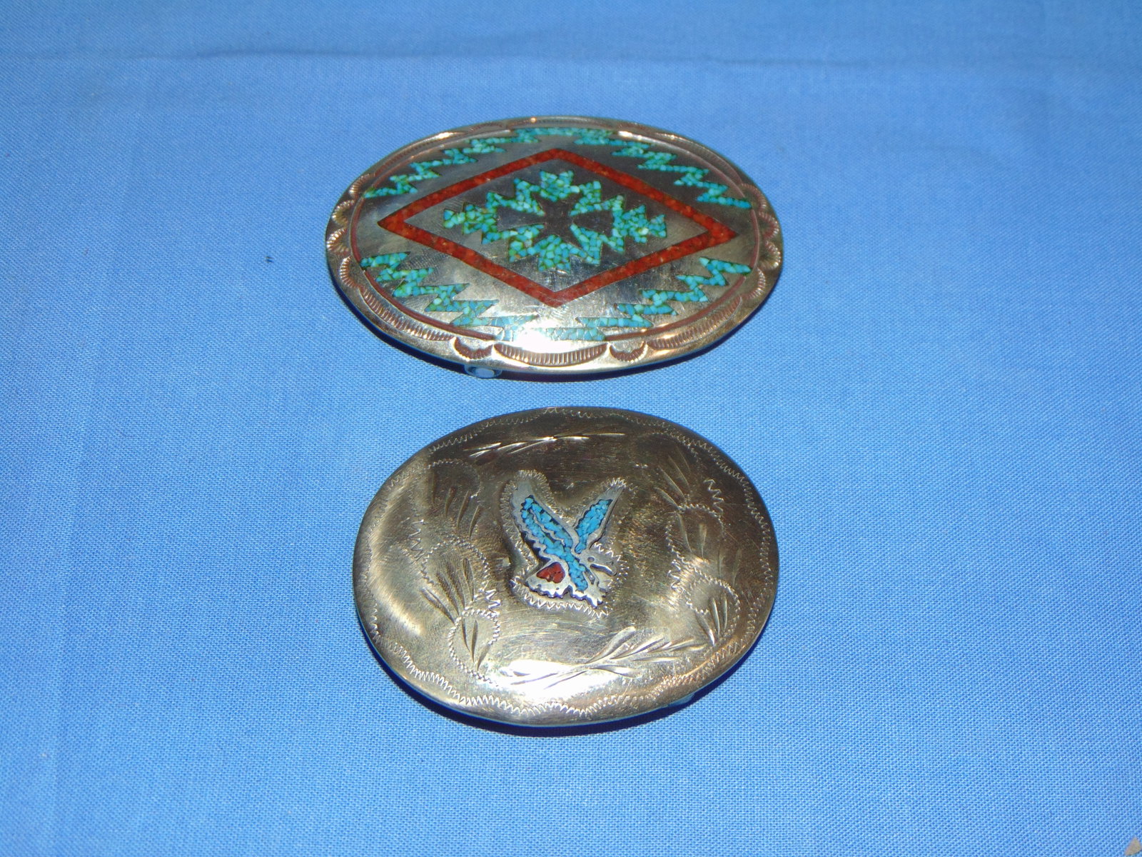 Southwest Old Pawn Sterling & Turquoise Jewelry, Belt Buckle Pair: ALL OF THIS STERLING & TURQUOISE JEWELRY CAME FROM THE GREAT-AUNT OF THE CONSIGNOR, WHO LIVED IN ARIZONA FOR MANY YEARS BATING BACK TO THE 50's. NICE PAIR OF BELT BUCKLES.
