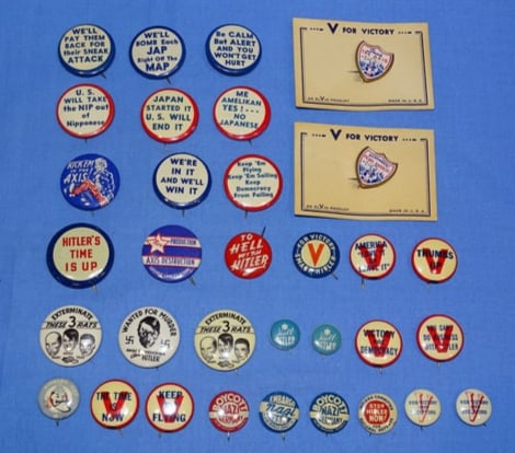 WWII Anti-Nazi, Anti-Axis & Patriotic Button Pinback Lot: WWII ANTI-AXIS AND PATRIOTIC PINBACK BUTTON LOT.