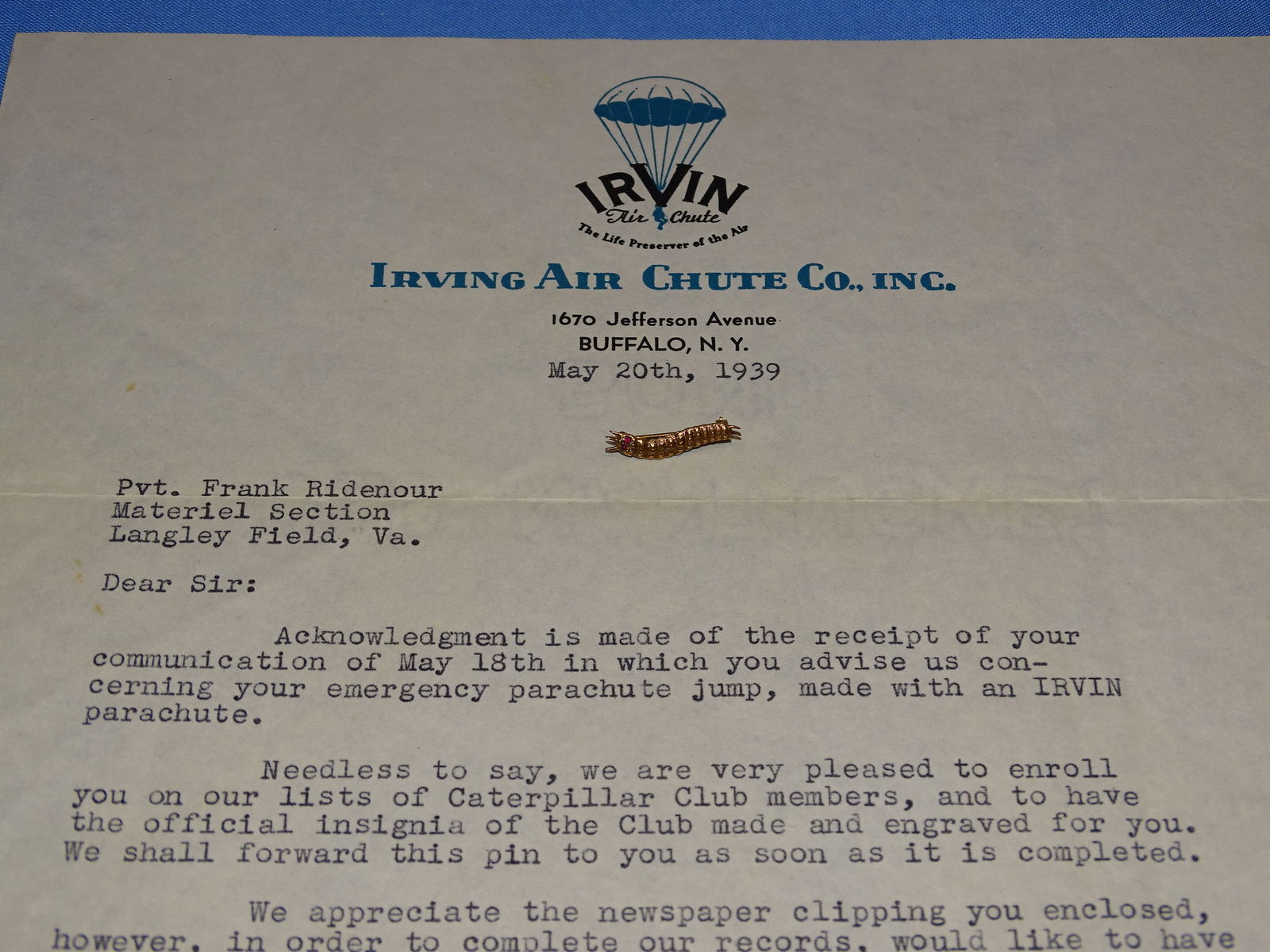 Pre-WWII IRVIN Caterpillar Club Pin, Named w/ Irving Air Chute Co. Letter (1 of 12)