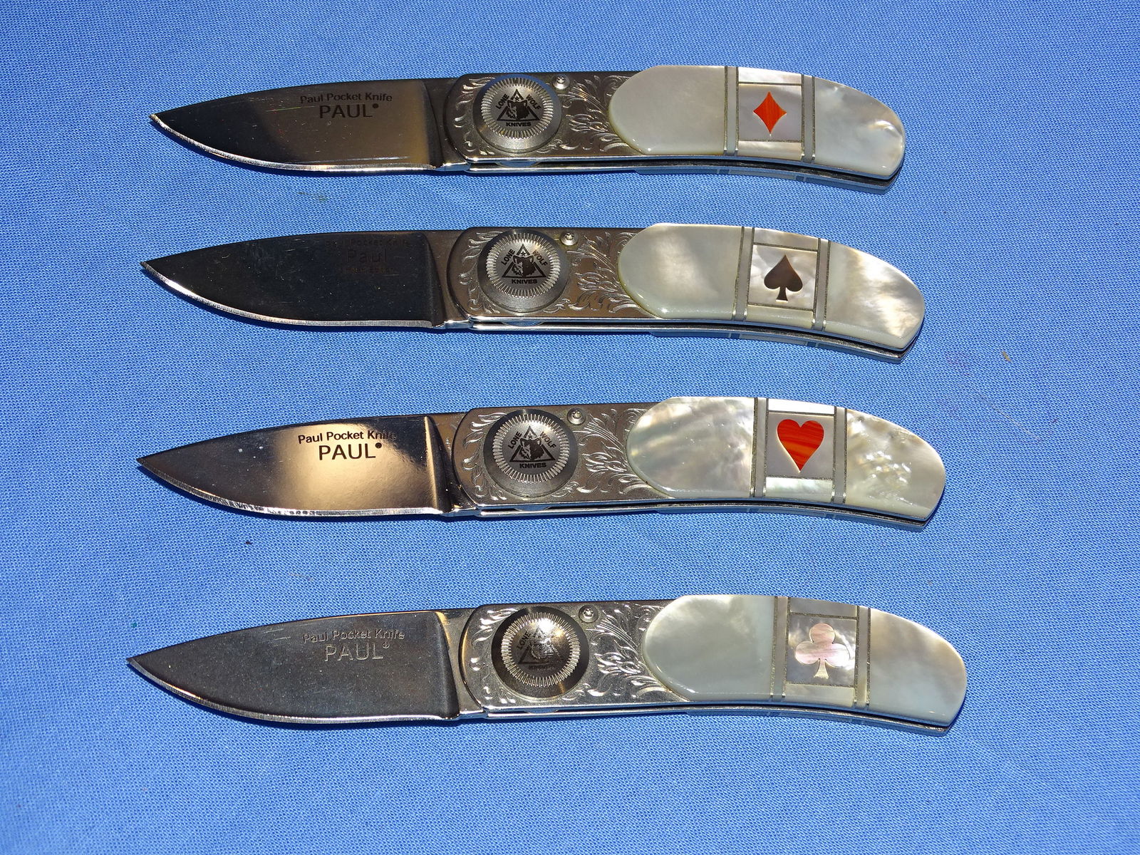 Lone Wolf, Gerber Paul Set of 4 Gamblers Knives, Engraved & Mother of Pearl (1 of 11)