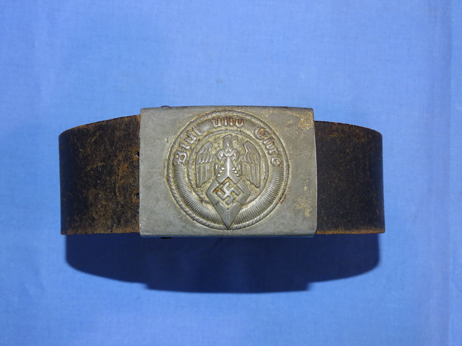 WWII German Hitler Youth HJ Belt & Buckle Rig, RZM M4/30: WWII GERMAN BELT AND BUCKLE, HONEST WORN EXAMPLE. RZM MAKER MARKED TO BERG & NOLTE.