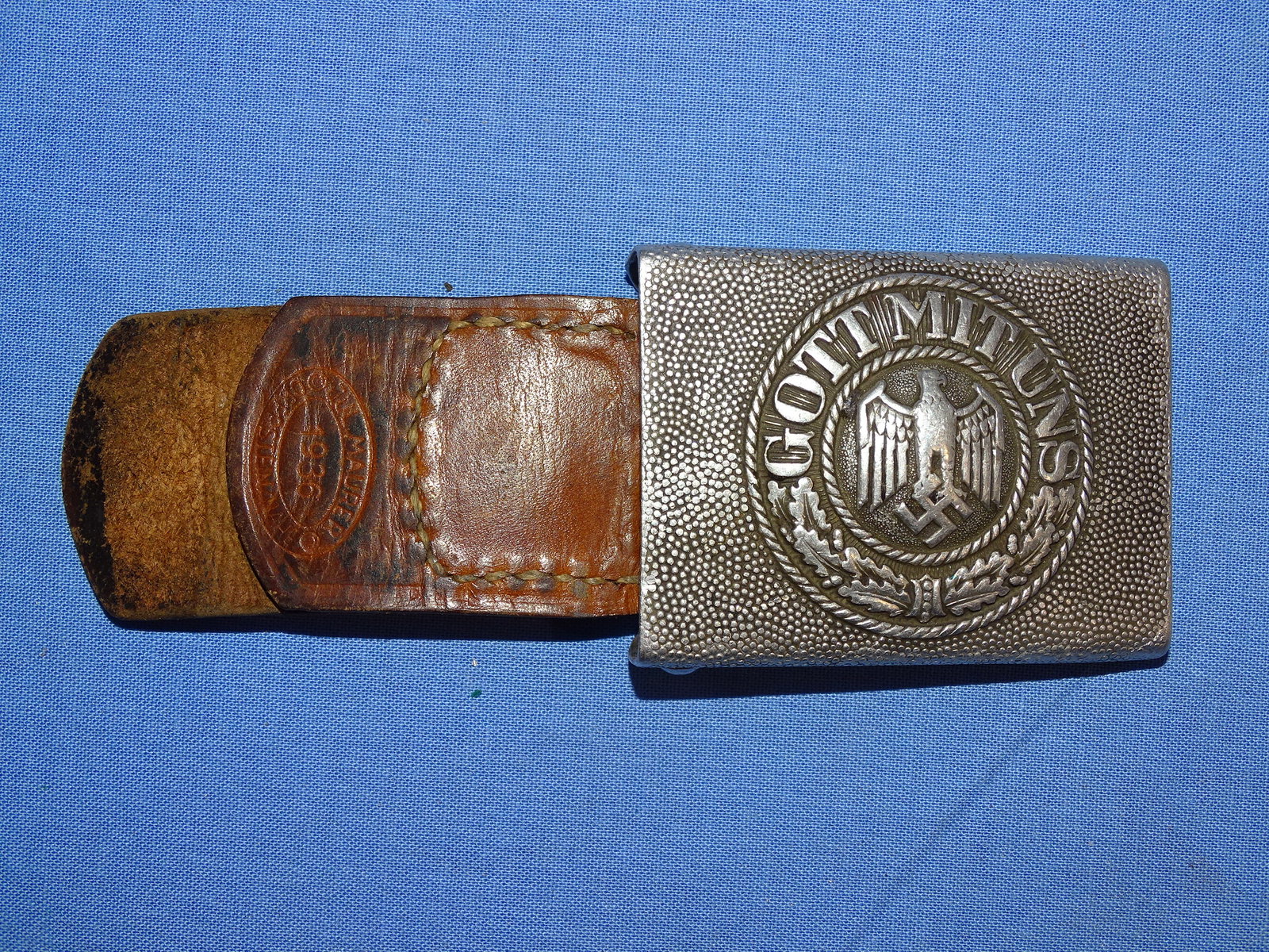 WWII German Army Heer Enlisted EM Belt Buckle w/ Tab 1936 Dated: NICE EM BELT BUCKLE WITH LEATHER TAB PRESENT.