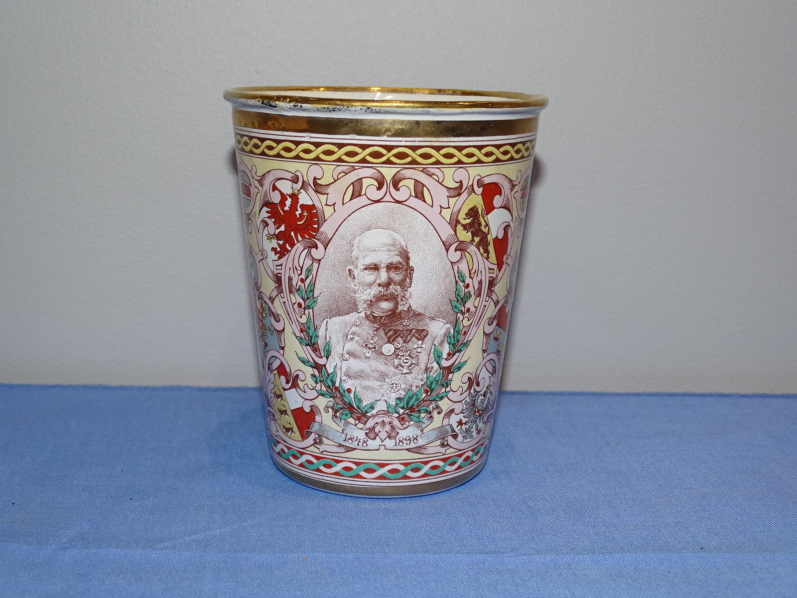 Imperial Austrian, Austro-Hungarian Emperor Franz Joseph I 50Year Jubilee Enamel Beaker: VERY NICE AUSTRIAN EMPEROR FRANZ JOSEPH 50 YEAR JUBILEE BEAKER, SOME MINOR WEAR, BUT VERY NICE.