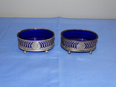 Antique Silver Shreve Crump & Low Sterling & Cobalt Glass Master Salt Pair