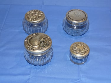 Antique Sterling Silver & Glass / Crystal Vanity Dresser Powder Boxes, Lot of 4