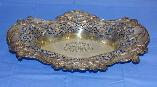 Gorgeous Shreve & Co. San Fran, Iris Pattern Pierced Sterling Silver Platter / Bowl, 665 grams