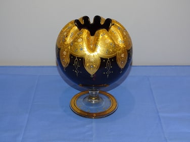 Antique Bohemian Czech Fancy Hand Blown & Painted Purple Glass Vase