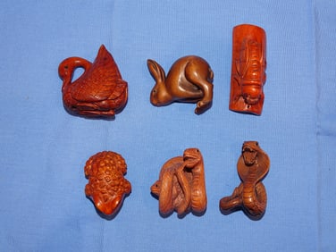 Lot of 6 Antique Japanese Carved Wood Netsuke