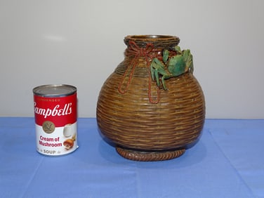 Antique Japanese Basket Form Vase w/ Crab, Signed