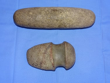 Native American Indian Stone Implements, Axe Head & Corn Grinding Stone Roller
