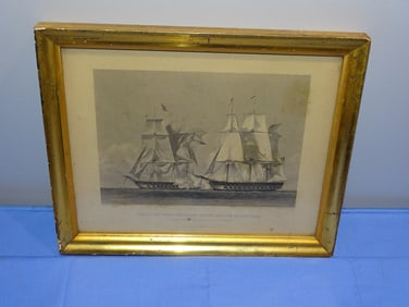 Vintage Etching Engraving Naval Battle "Battle Between the United States and The Macedonian"