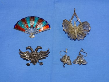 Antique Silver Jewelry Lot, Russian Eagle & Enamel Brooch, Pendant & Earrings, 51gr
