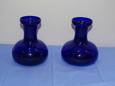 Hand Blown w/ Pontil Cobalt Blue Vase Pair