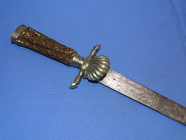 Rare 1849 Dated German Silver Mounted, Triple Engraved Hirschfanger Hunting Sword Dagger