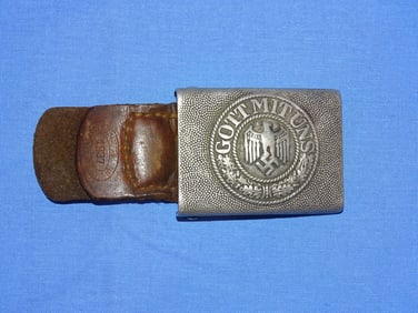 WWII German Nazi Third Reich Belt Buckle, Army w/ Leather Tab