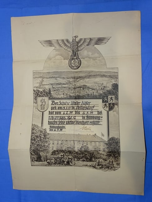 WWII German Award Document, Schutzen Regiment 12, 1939 (1 of 11)