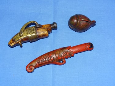 Antique Japanese Netsuke Trio, Tanto Sword, Matchlock Hand Cannon & Bell Form
