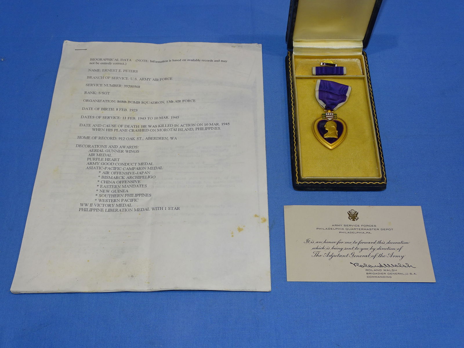 WWII Named Purple Heart Medal, 13th AAF 868th Bomb Squadron, KIA over Morotai Island (1 of 11)