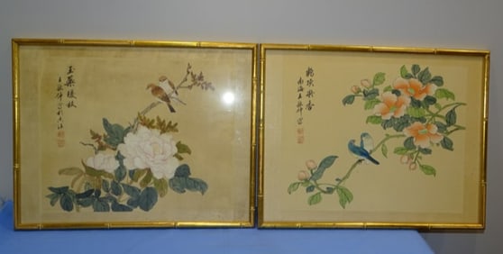 Pair of Chinese Paintings on Paper, Birds & flowers