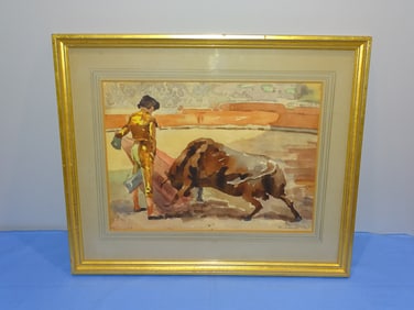 Watercolor Painting of Bull & Matador, Signed BURRAGE