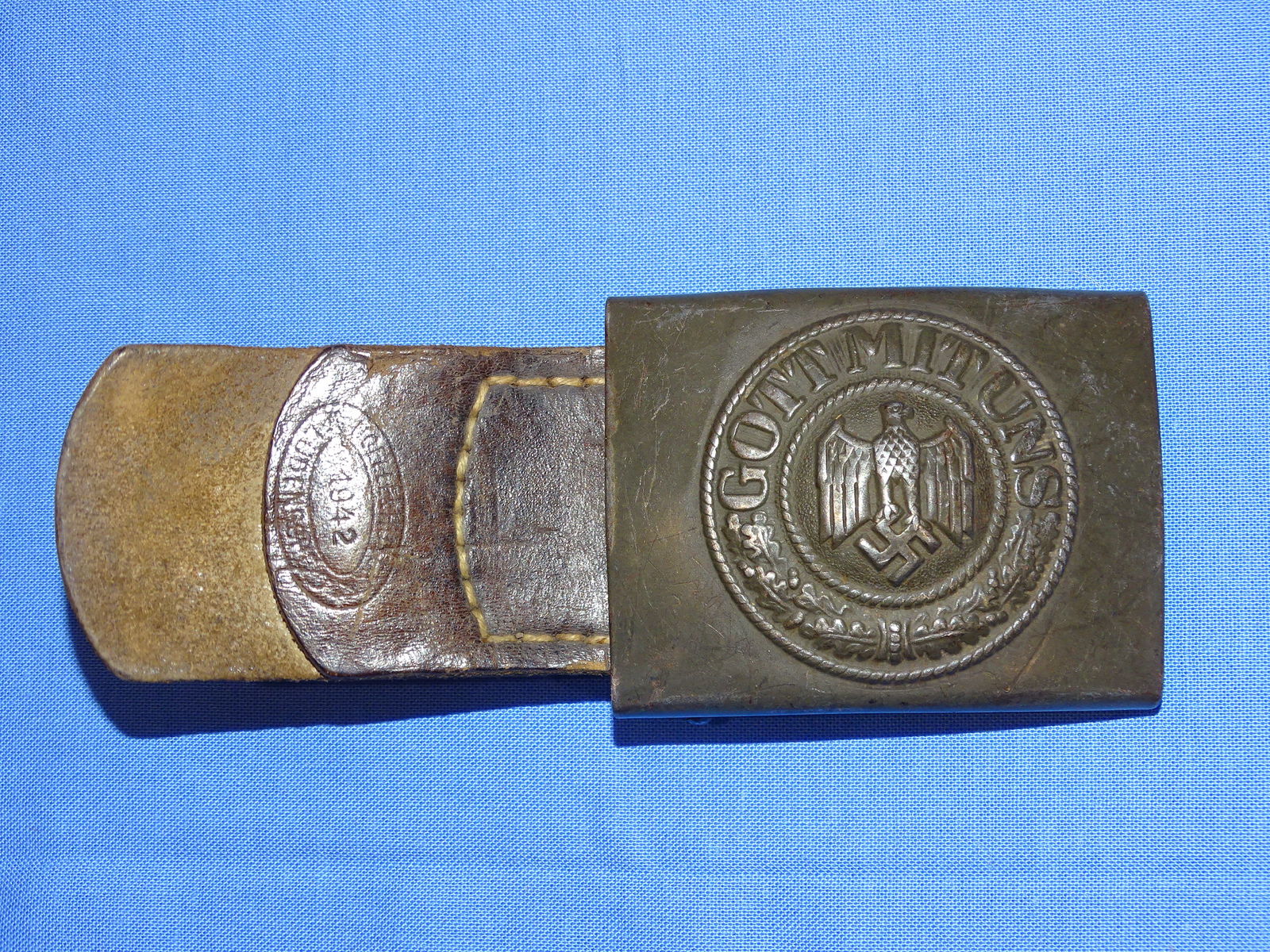 WWII German Belt Buckle, Army Heer Enlisted Man w/ Leather Tab, N&H 1941 (1 of 6)