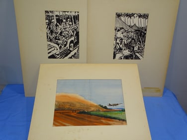 Original WWII Pacific Theater Combat Art, Artist Signed DCB