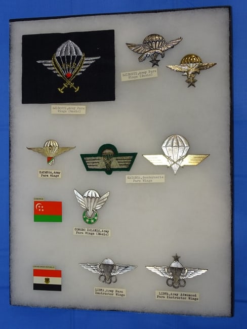 Airborne Paratrooper Wings, Patch Insignia Lot, DJIBOUTI, KATANGA, COMOROS, LIBYA: LARGE COLLECTION OF AIRBORNE PARATROOPER INSIGNIA, YOU WILL RECEIVE THE EXACT ITEMS SHOWN IN THE CASE, INCLUDING THE DESCRIPTIONS. THE RIKER MOUNT CASE IS NOT INCLUDED. SOME OF THE METAL INSIGNIA HAS 