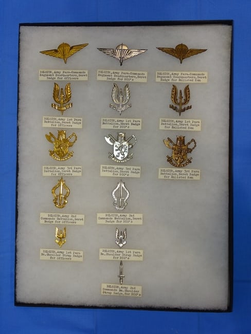 Airborne Paratrooper Wings, Patch Insignia Lot, BELGIUM: LARGE COLLECTION OF AIRBORNE PARATROOPER INSIGNIA, YOU WILL RECEIVE THE EXACT ITEMS SHOWN IN THE CASE, INCLUDING THE DESCRIPTIONS. THE RIKER MOUNT CASE IS NOT INCLUDED. SOME OF THE METAL INSIGNIA HAS 