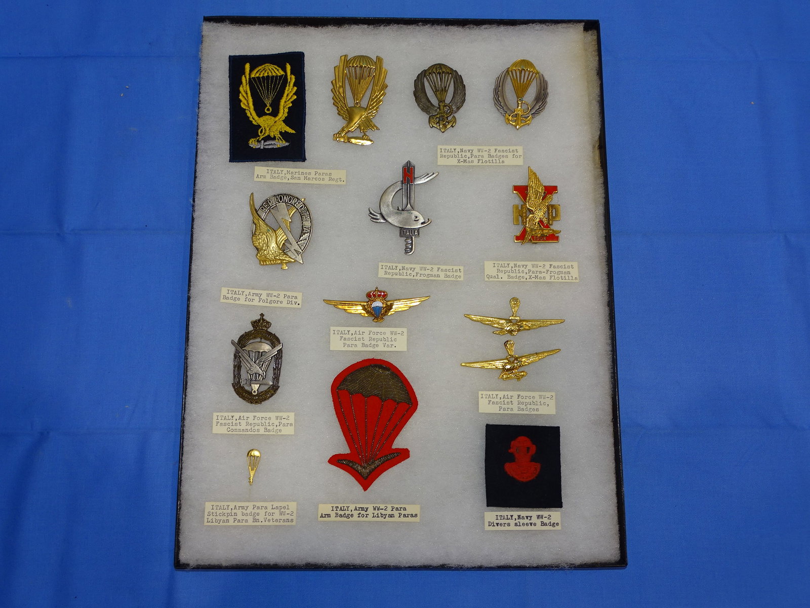 Airborne Paratrooper Wings, Patch Insignia Lot, ITALY: LARGE COLLECTION OF AIRBORNE PARATROOPER INSIGNIA, YOU WILL RECEIVE THE EXACT ITEMS SHOWN IN THE CASE, INCLUDING THE DESCRIPTIONS. THE RIKER MOUNT CASE IS NOT INCLUDED. SOME OF THE METAL INSIGNIA HAS 