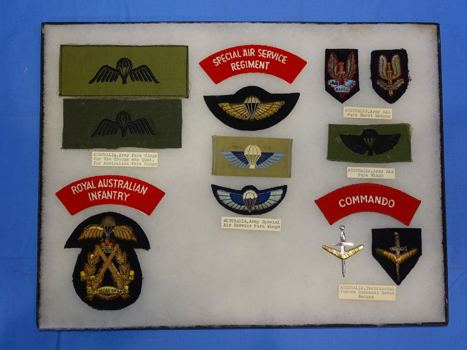 Airborne Paratrooper Wings, Patch Insignia Lot, AUSTRALIA: LARGE COLLECTION OF AIRBORNE PARATROOPER INSIGNIA, YOU WILL RECEIVE THE EXACT ITEMS SHOWN IN THE CASE, INCLUDING THE DESCRIPTIONS. THE RIKER MOUNT CASE IS NOT INCLUDED.