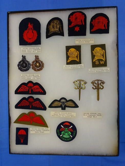 Airborne Paratrooper Wings, Patch Insignia Lot, UNITED KINGDOM: LARGE COLLECTION OF AIRBORNE PARATROOPER INSIGNIA, YOU WILL RECEIVE THE EXACT ITEMS SHOWN IN THE CASE, INCLUDING THE DESCRIPTIONS. THE RIKER MOUNT CASE IS NOT INCLUDED.