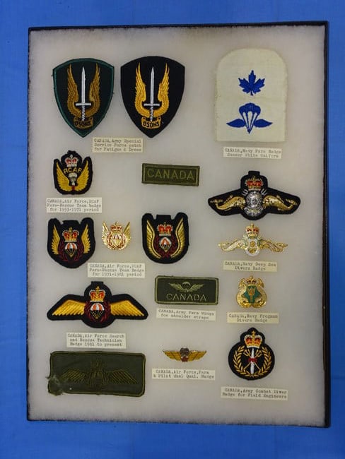 Airborne Paratrooper Wings, Patch Insignia Lot, CANADA: LARGE COLLECTION OF AIRBORNE PARATROOPER INSIGNIA, YOU WILL RECEIVE THE EXACT ITEMS SHOWN IN THE CASE, INCLUDING THE DESCRIPTIONS. THE RIKER MOUNT CASE IS NOT INCLUDED.