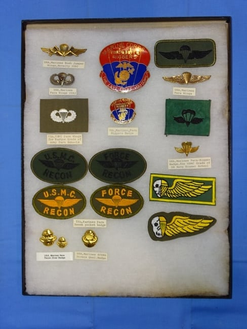 Airborne Paratrooper Special Forces Wings, Patch Insignia Lot, USMC PARAMARINE: LARGE COLLECTION OF AIRBORNE PARATROOPER INSIGNIA, YOU WILL RECEIVE THE EXACT ITEMS SHOWN IN THE CASE, INCLUDING THE DESCRIPTIONS. THE RIKER MOUNT CASE IS NOT INCLUDED.