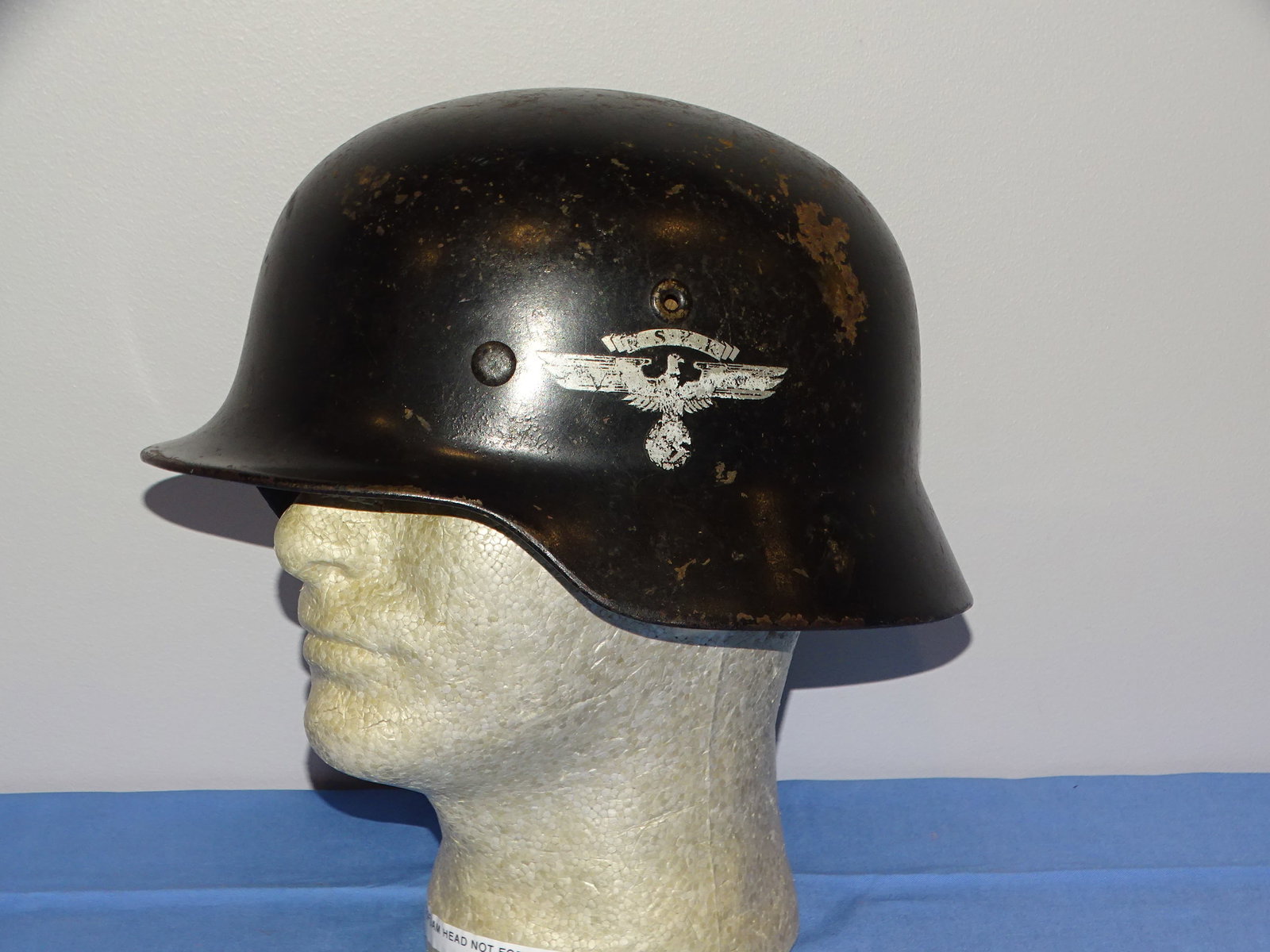 WWII German Nazi M-40 Single Decal NSKK Combat Helmet, NS-66: NICE GERMAN M40 HELMET WITH SINGLE NSKK DECAL. LINER IS NICE, STILL SOFT, NOT ALL DRIED UP, MAKER AND SIZE STAMPED NS66.