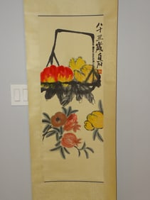 Chinese Scroll Painting on Paper of Flowers & Basket, QI BAISHI