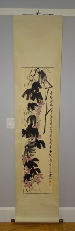 Chinese Scroll Painting on Paper of Flowers, QI BAISHI: CHINESE SCROLL PAINTING ON PAPER. MEASURES APPROX. 13 1/4" x 53 1/2", 34cm x 136cm, MEASUREMENTS ARE FOR THE PAINTING ONLY, NOT INCLUDING THE SILK MOUNTING. THE FULLY MOUNTED PIECE MEASURES APPROX. 19