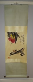 Chinese Scroll Painting on Paper of a Monkey & Fruit