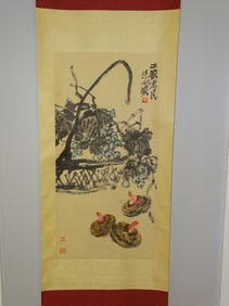 Chinese Scroll Painting on Paper of a Basket & Fruit