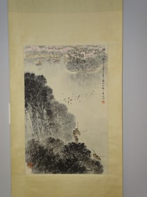 Chinese Scroll Painting on Paper of a River Scene Landscape