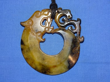Dragon Carved Chinese Jade or Hardstone Bi Disc Necklace