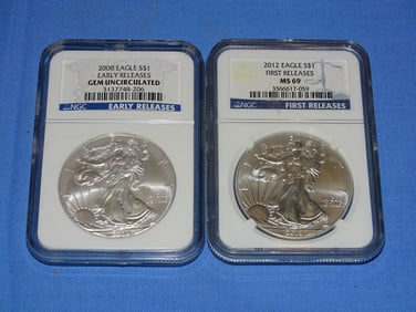 2008 & 2012 Silver Eagle Coin Pair, NGC Gem & MS69 First Release