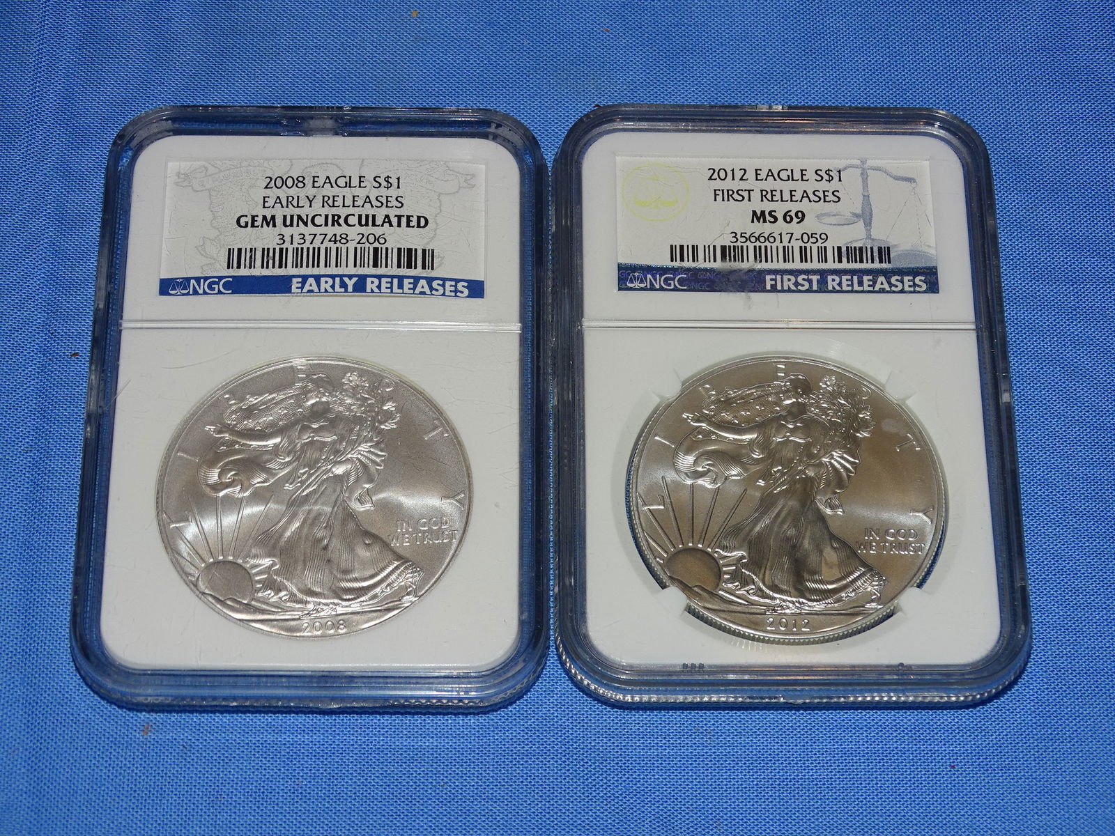 2008 & 2012 Silver Eagle Coin Pair, NGC Gem & MS69 First Release (1 of 3)