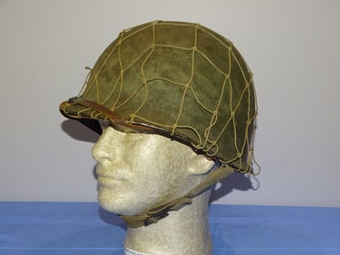 WWII M1 M-1 Helmet, Front Seam Fixed Bale w/ Camoflage Netting