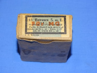 WWII German Mauser 8mm Ammo, Full Box 15 Patronen S.m.E. fur MG 1942 Dated