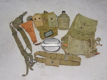 WWII Field & Web Gear Lot, Packs, Bag, Ammo Pouches, Holster, Canteen, Etc