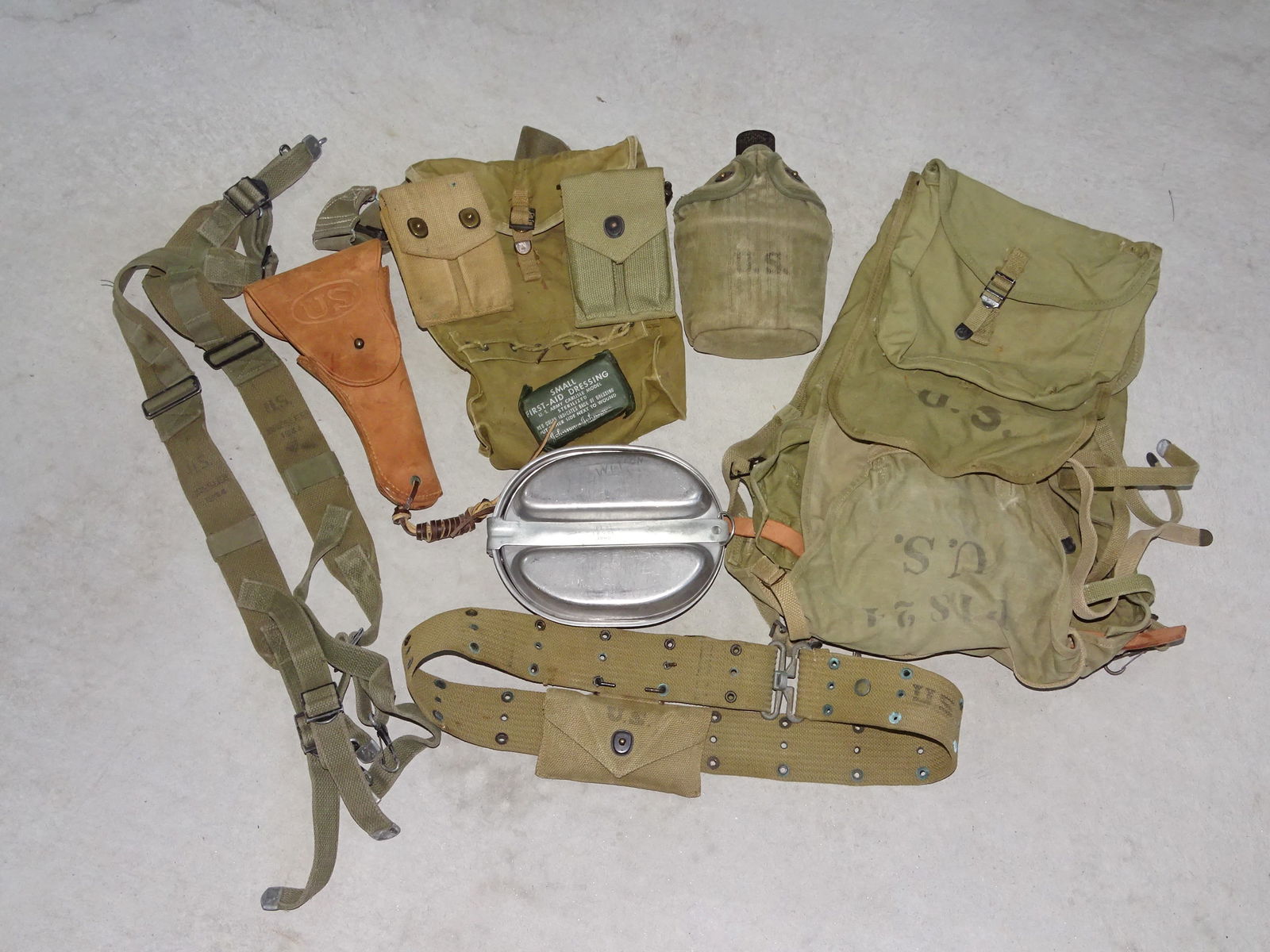 WWII Field & Web Gear Lot, Packs, Bag, Ammo Pouches, Holster, Canteen, Etc (1 of 8)